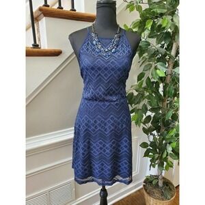 C Women Blue Polyester Halterneck Sleeveless Ruffle Strappy Knee Length Dress L